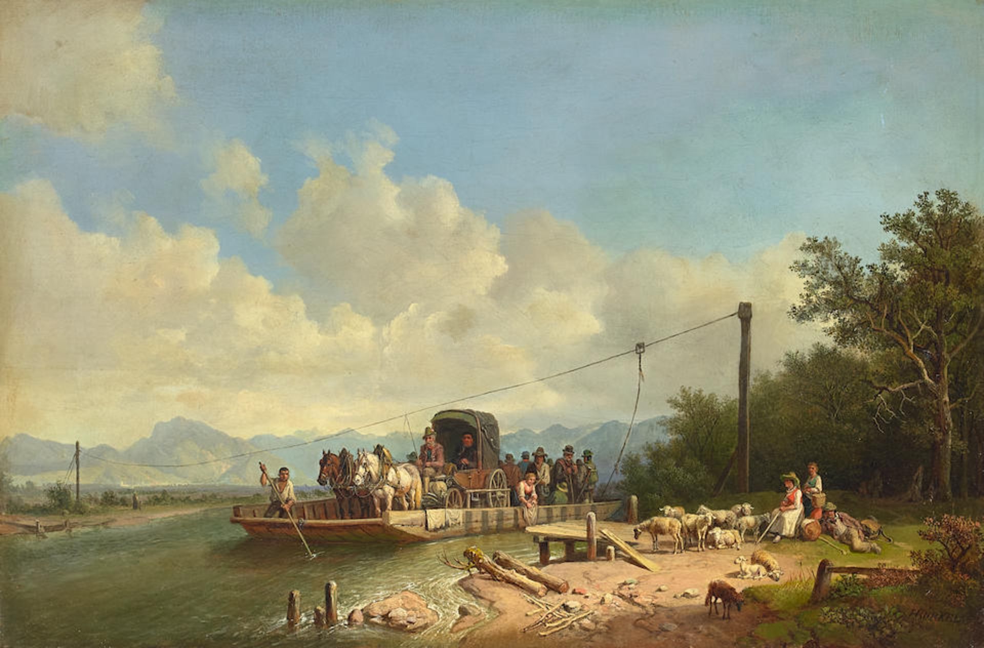 Heinrich Bürkel (German, 1802-1869) A landscape with figures on a river ferry 14 5/8 x 22in...