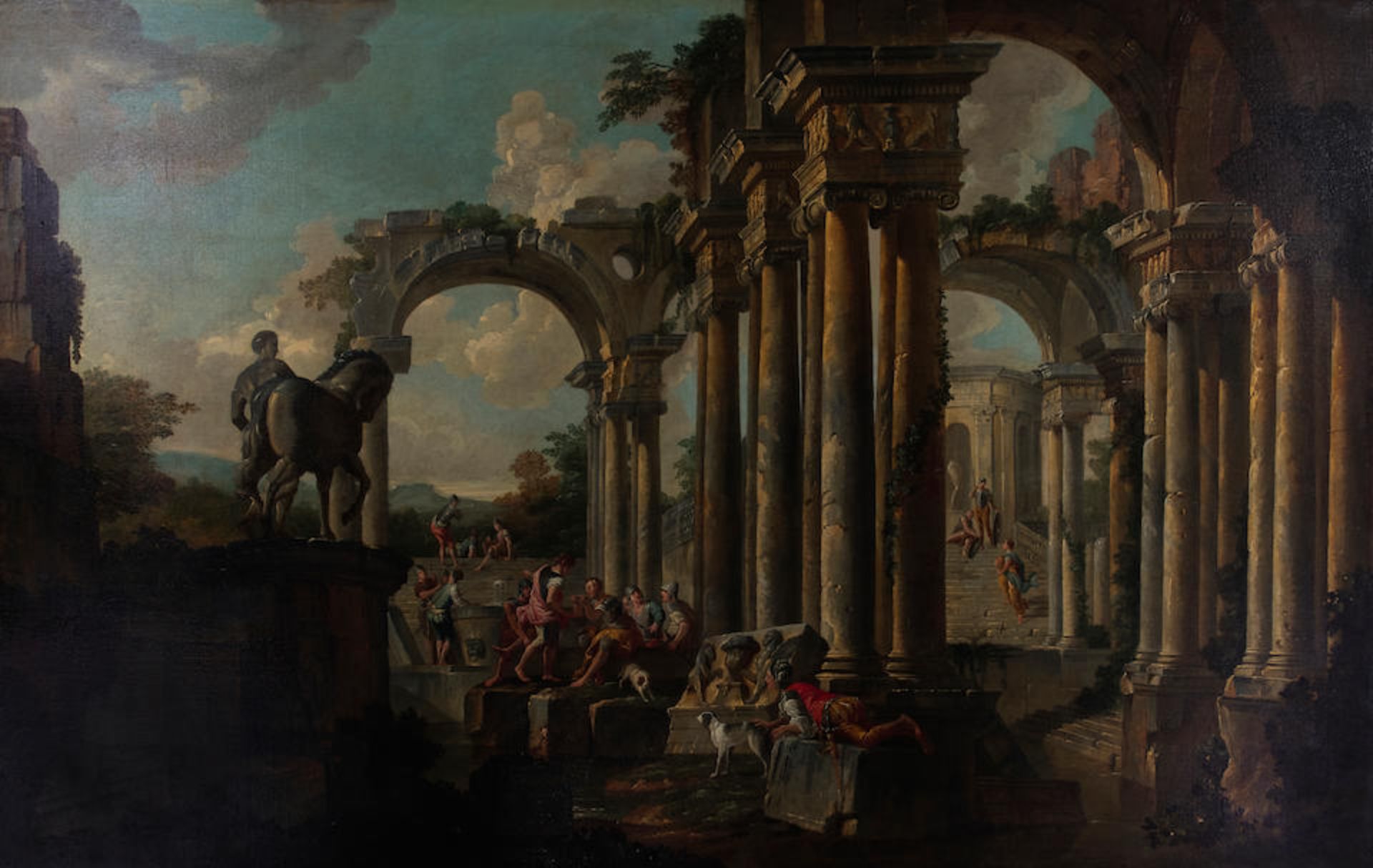 Studio of Giovanni Paolo Panini (Italian, 1691-1765) A capriccio of classical ruins with soldier...