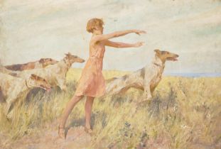 Arthur Wardle RI (British, 1864-1949) A game of fetch 26 1/4 x 38in (66.7 x 96.5cm)