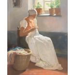 Firmin Baes (Belgian, 1874-1945) A woman sewing 23 x 19in (58.4 x 48.2cm) (sight)