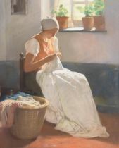 Firmin Baes (Belgian, 1874-1945) A woman sewing 23 x 19in (58.4 x 48.2cm) (sight)