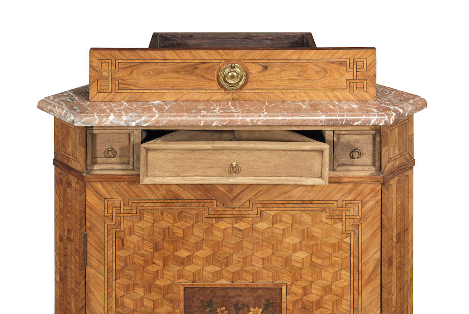 A French late 19th century rosewood, tulipwood, fruitwood marquetry and parquetry encoignure or ... - Image 2 of 2