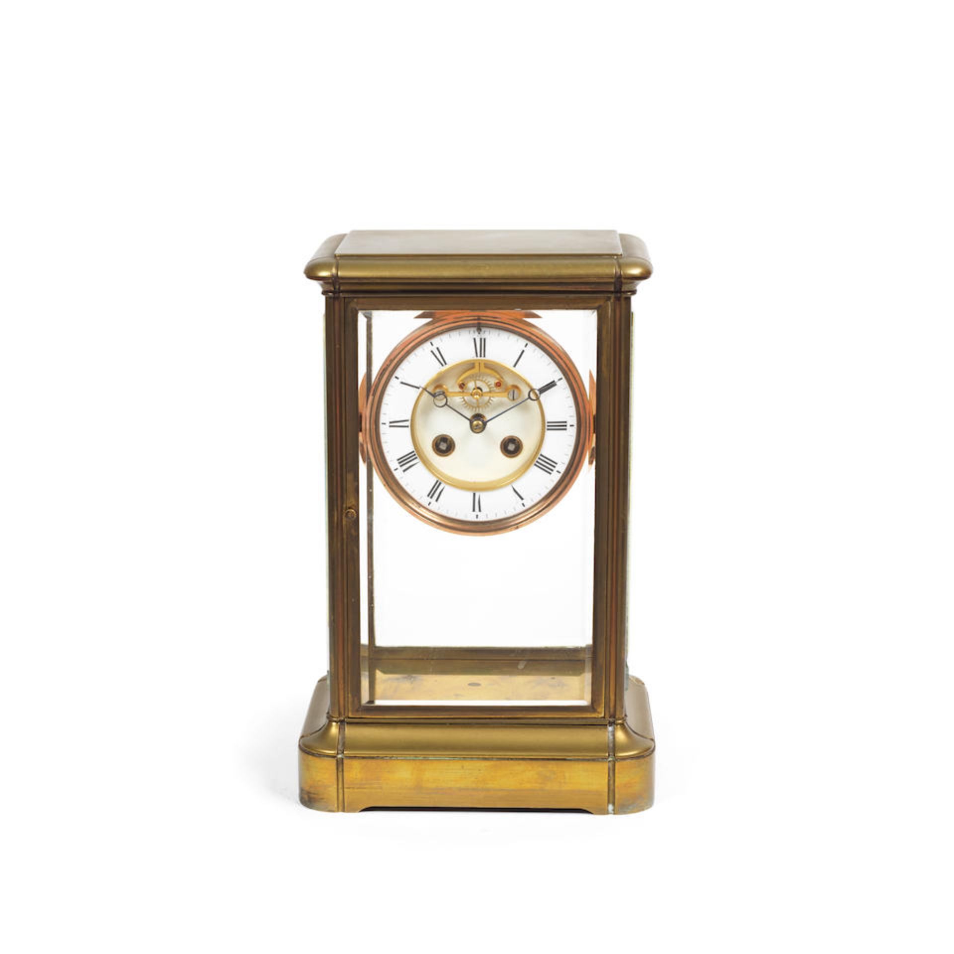 A late 19th/early 20th century French brass four glass clock the movement stamped A*B