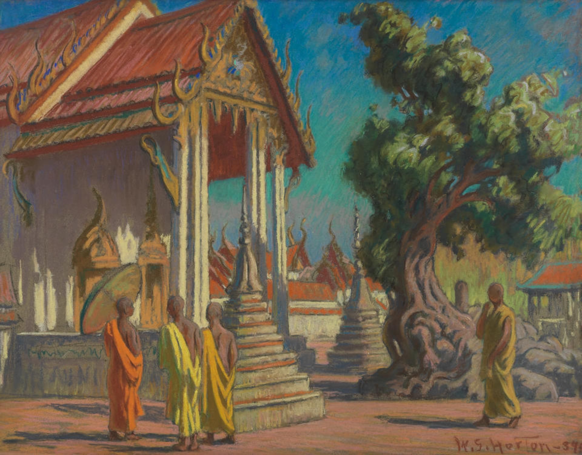 William Samuel Horton (American, 1865-1936) Buddhist monks before a temple, thought to be in Burma