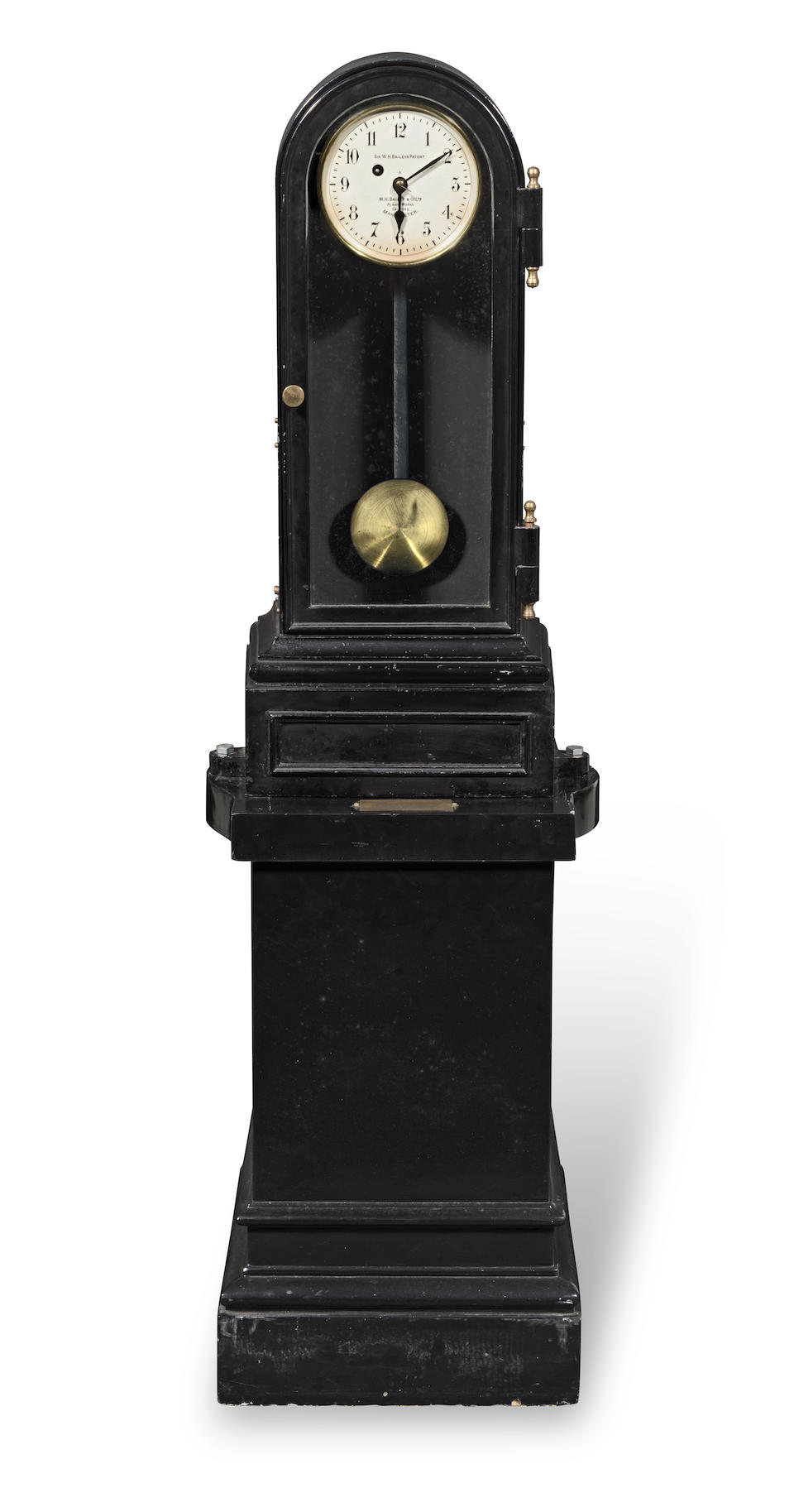 An interesting early 20th century black japanned cast metal patent timepiece the dial signed Sir...