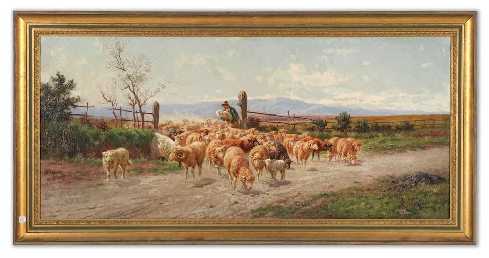 Alfredo de Simoni (Italian, circa 1870-circa 1900) Shepherd boy and flock in the Roman Campagna - Image 2 of 3