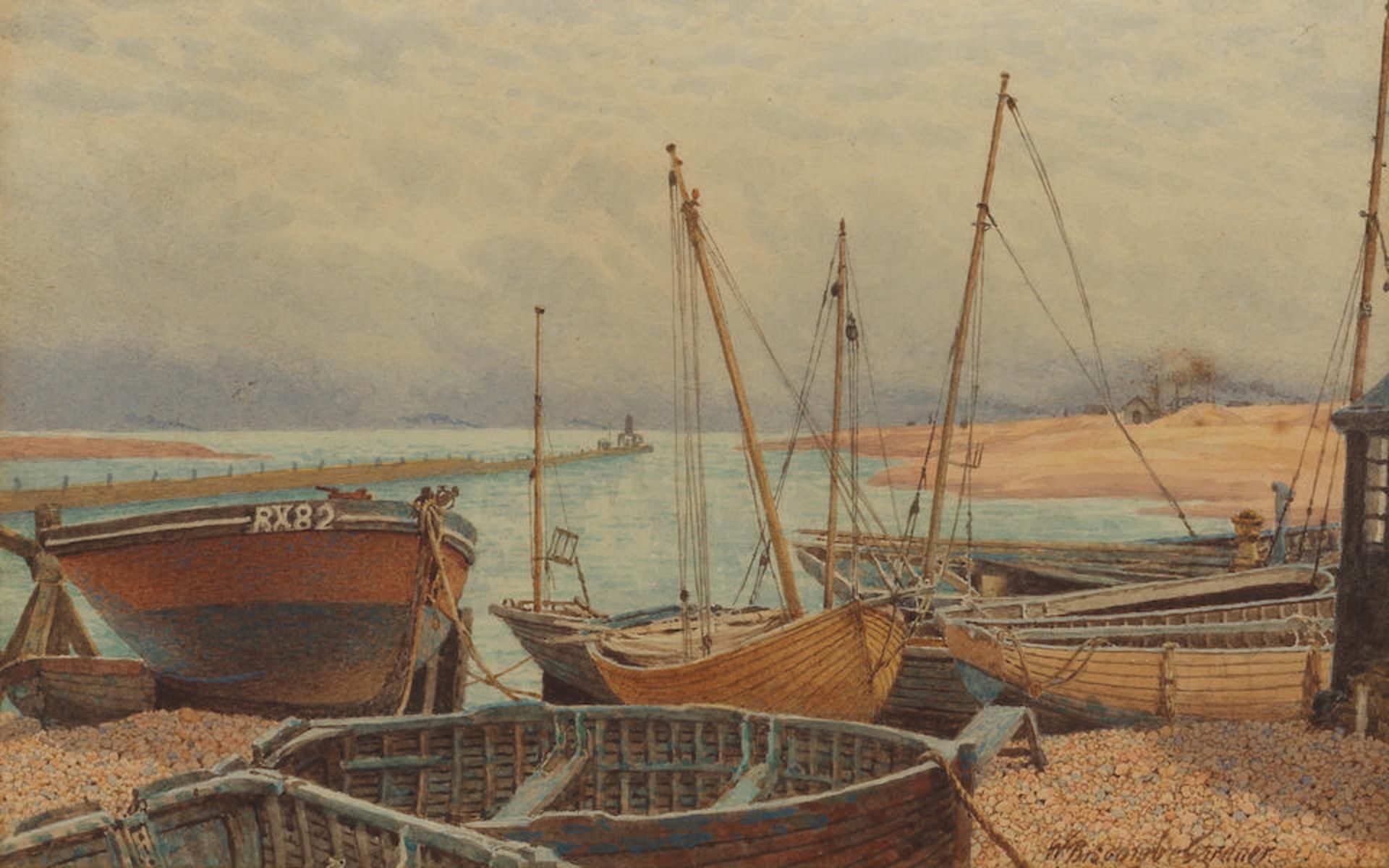 William Biscombe Gardner (British, born circa 1849-1919) 'By the Ferry, Rye Harbour, Sussex'