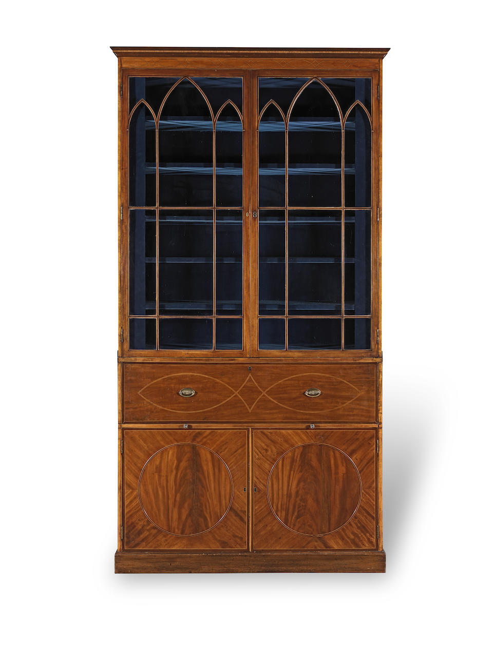 An Irish George III mahogany, purplewood banded and satinwood secretaire bookcase 1785-1800, alm...