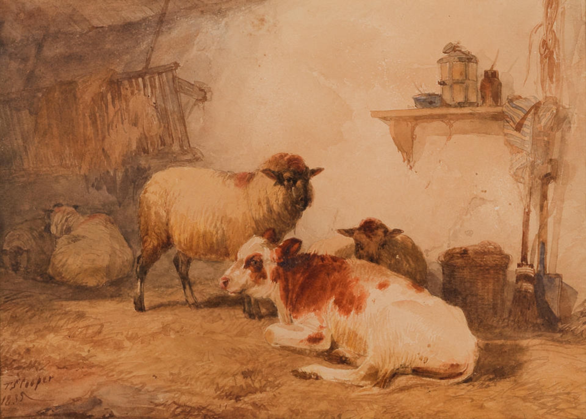 Thomas Sidney Cooper, RA (British, 1803-1902) Sheep and a calf in a stable