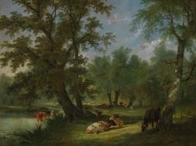 Circle of William Shayer, Snr. (British, 1787-1879) Cattle in a water meadow