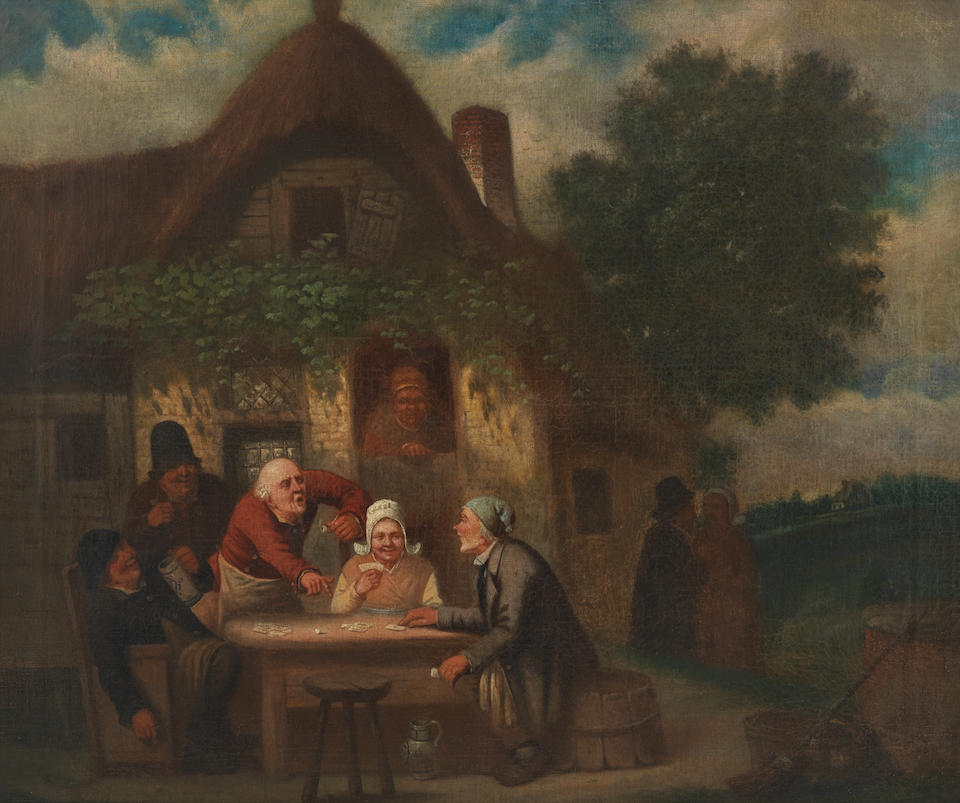 Dutch School, Early 19th Century Figures playing cards before a country inn