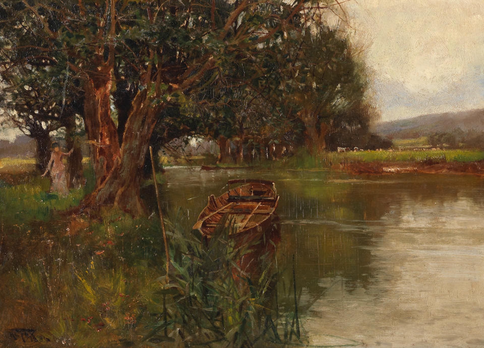 Henry Charles Fox (British, 1860-1925) Figure by a riverbank