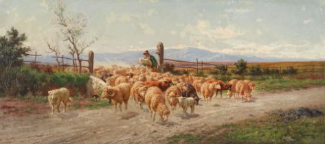 Alfredo de Simoni (Italian, circa 1870-circa 1900) Shepherd boy and flock in the Roman Campagna