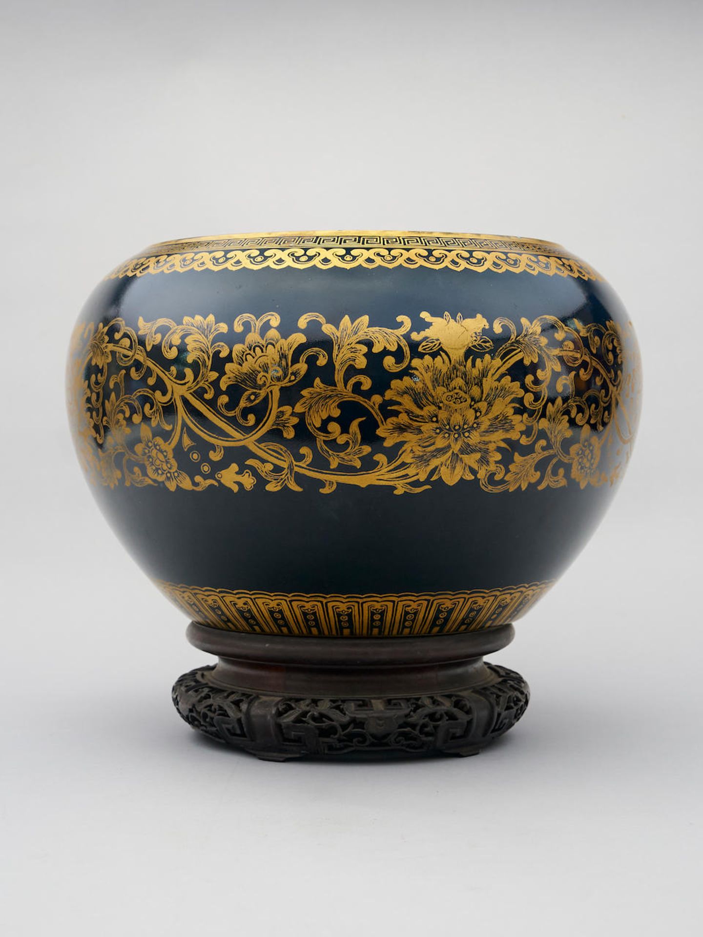 A blue glaze and gold painted 'scrolling lotus' pot Qianlong six-character mark (2)