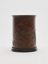 A bamboo and rosewood 'landscape' brush pot Signed Zhang Xihuang, 19th/ 20th century