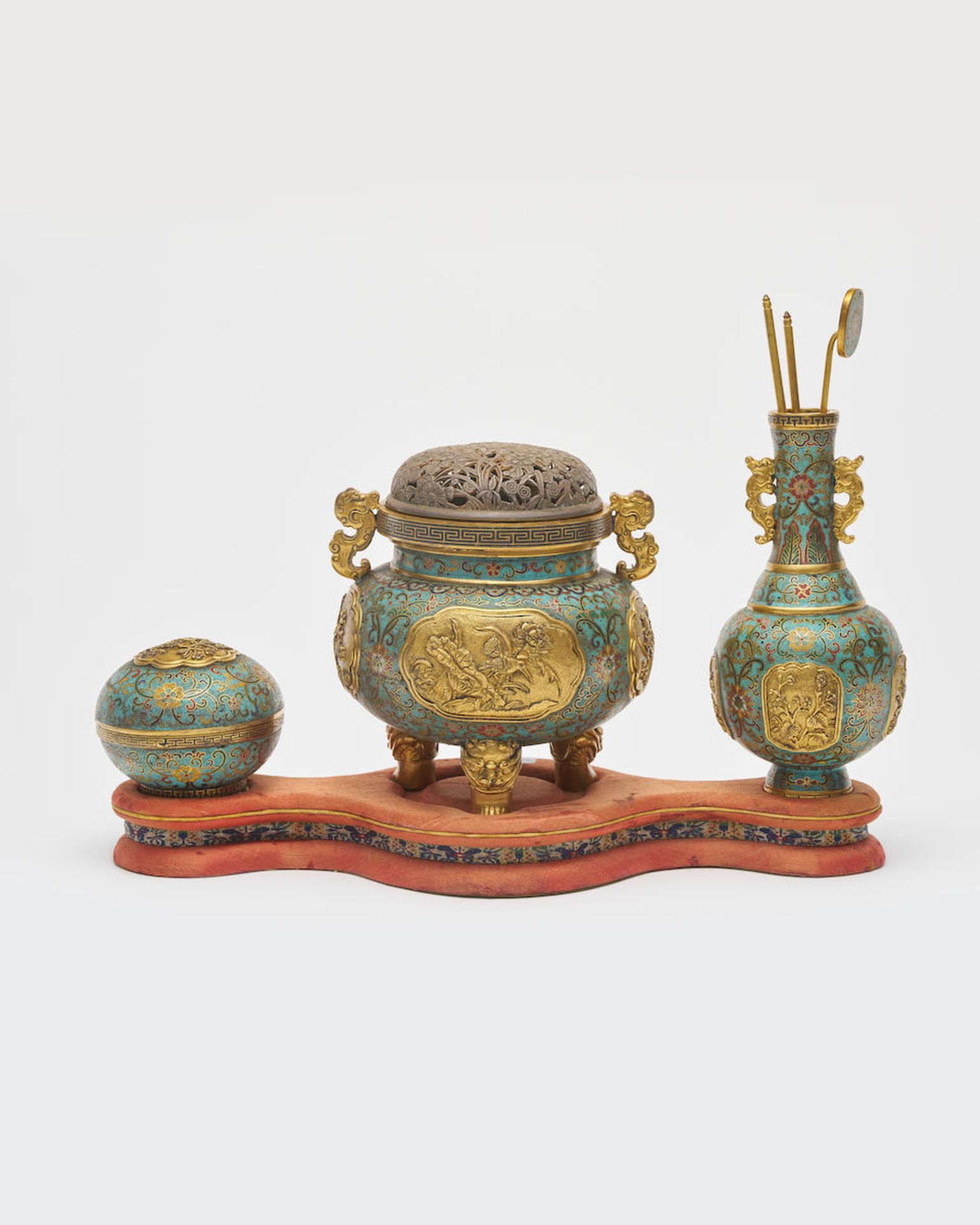 A suite of cloisonne incense burner, container, and vase Qianlong four-character incised mark (3)