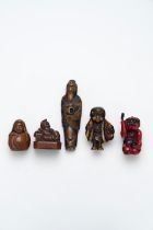 THREE WOODEN AND ONE BONE NETSUKE AND ONE LACQUERED WOOD ONI Edo Period and later, 19th/20th Cen...
