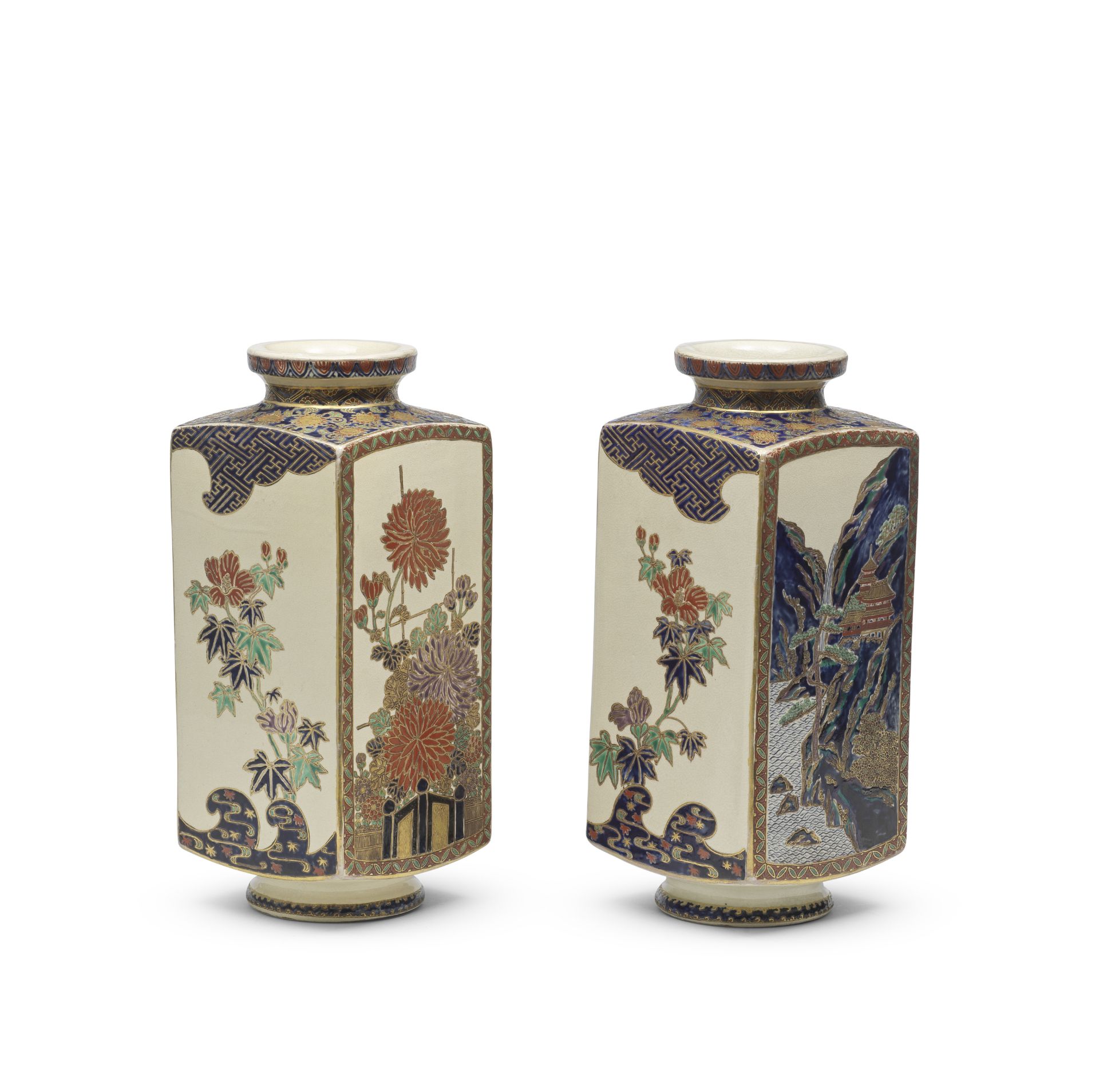SENZAN A Pair of Large Four-Sided Rectangular Satsuma Vases Meiji era (1868-1912), late 19th/ear...