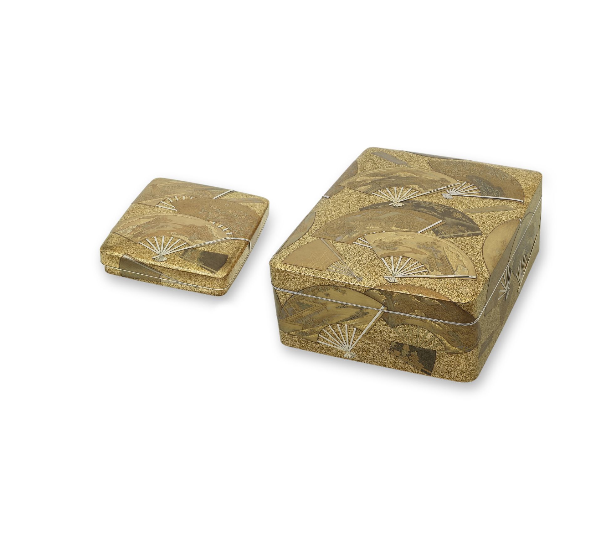 A MATCHING SET OF SILVER-INLAID AND GOLD-LACQUERED SUZURIBAKO (BOX FOR WRITING UTENSILS) AND RYO...