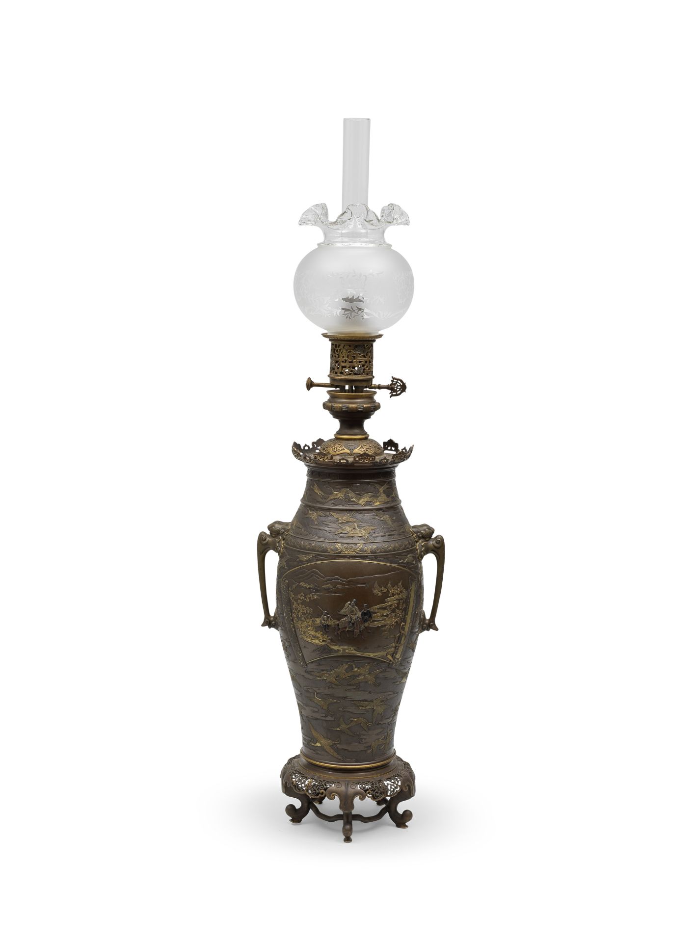 MIYAO EISUKE COMPANY OF YOKOHAMA A Bronze Slender Ovoid Vase Converted into an Oil Lamp Meiji e...