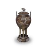 IZUMI SEIJO (1865-1937) An inlaid Bronze Monumental Three-Legged Koro (Incense Burner) and En-S...