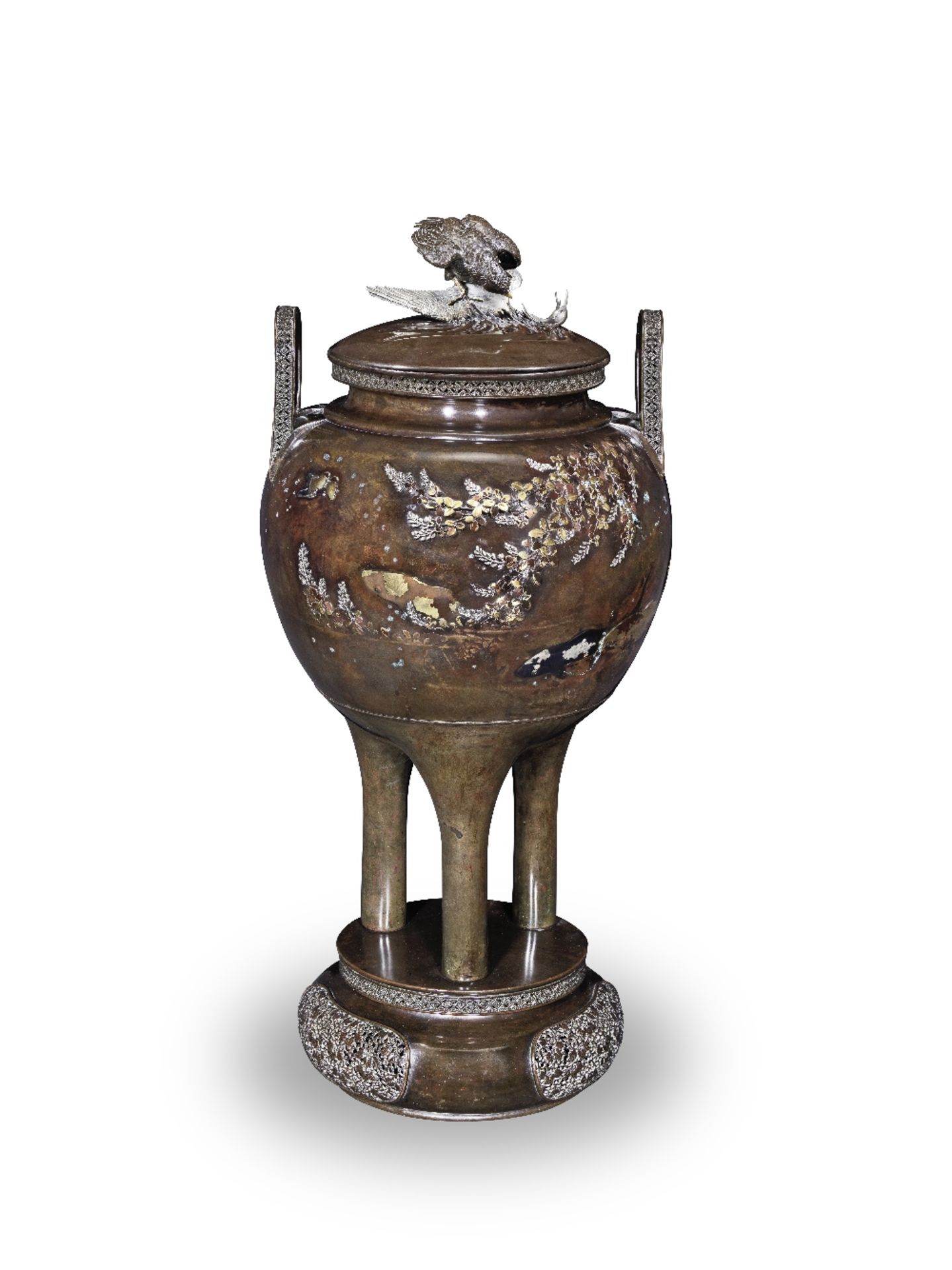 IZUMI SEIJO (1865-1937) An inlaid Bronze Monumental Three-Legged Koro (Incense Burner) and En-S...