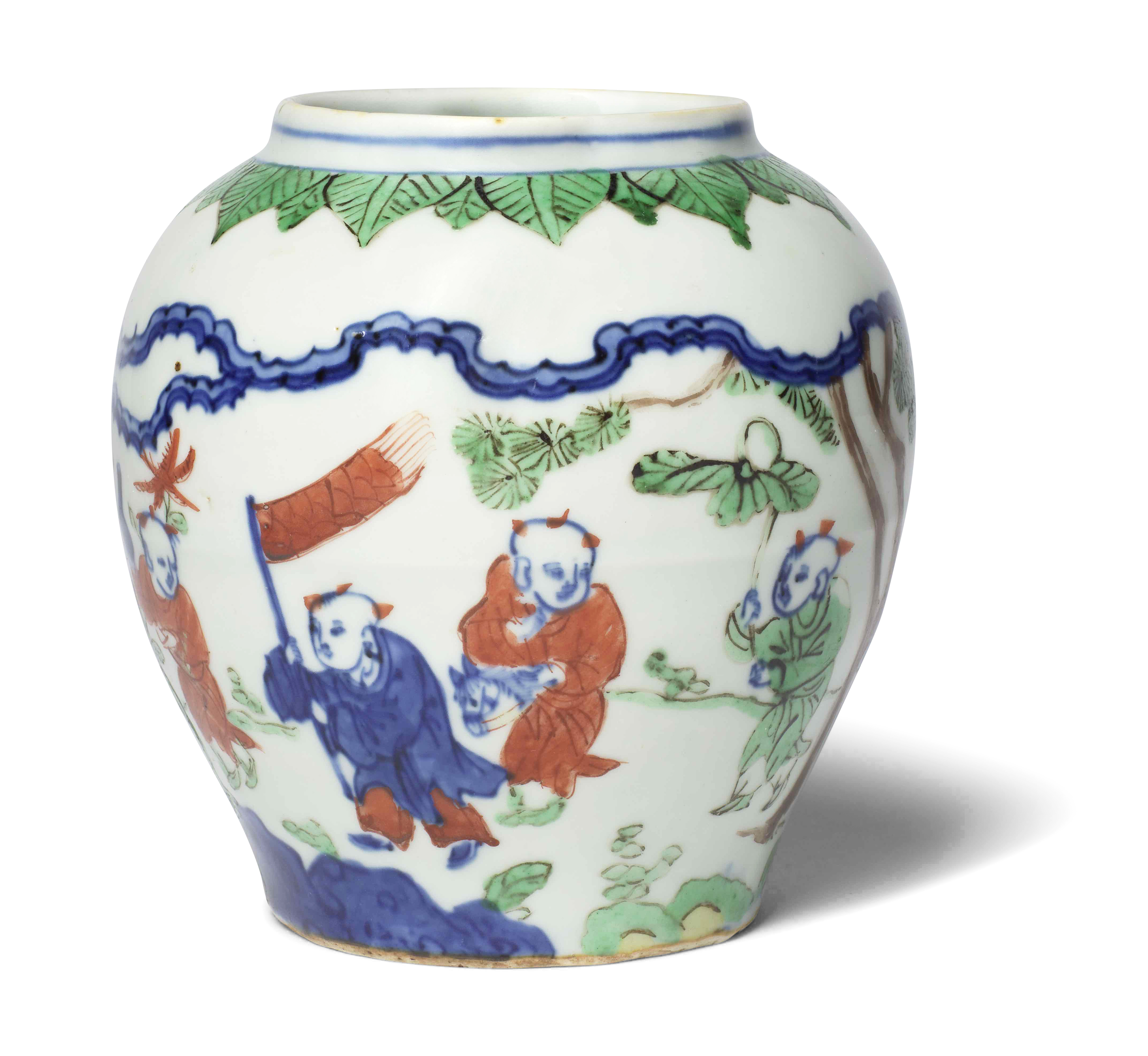 A VERY RARE IMPERIAL WUCAI 'BOYS' JAR Wanli six-character mark and of the period