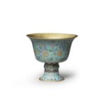 A RARE CLOISONN&#201; ENAMEL STEM CUP Qianlong blue enamel seal mark and of the period