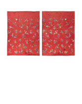 A PAIR OF VERY LARGE CORAL-RED-GROUND SILK EMBROIDERED FLORAL CURTAINS 19th century (2)