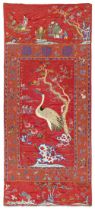 A LARGE CORAL RED-GROUND SILK EMBROIDERED 'LONGEVITY' HANGING 19th century