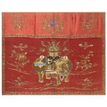 AN EMBROIDERED SILK CORAL-GROUND 'ELEPHANT' ALTAR FRONTAL 19th century
