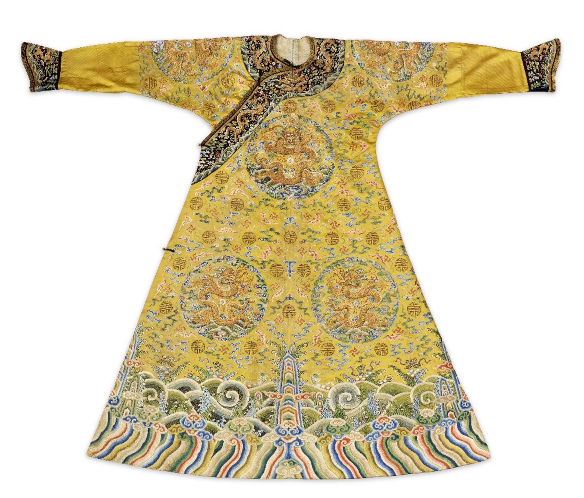 AN EXTREMELY RARE IMPERIAL YELLOW-GROUND EMBROIDERED SILK 'DRAGON' ROBE, JIFU Yongzheng