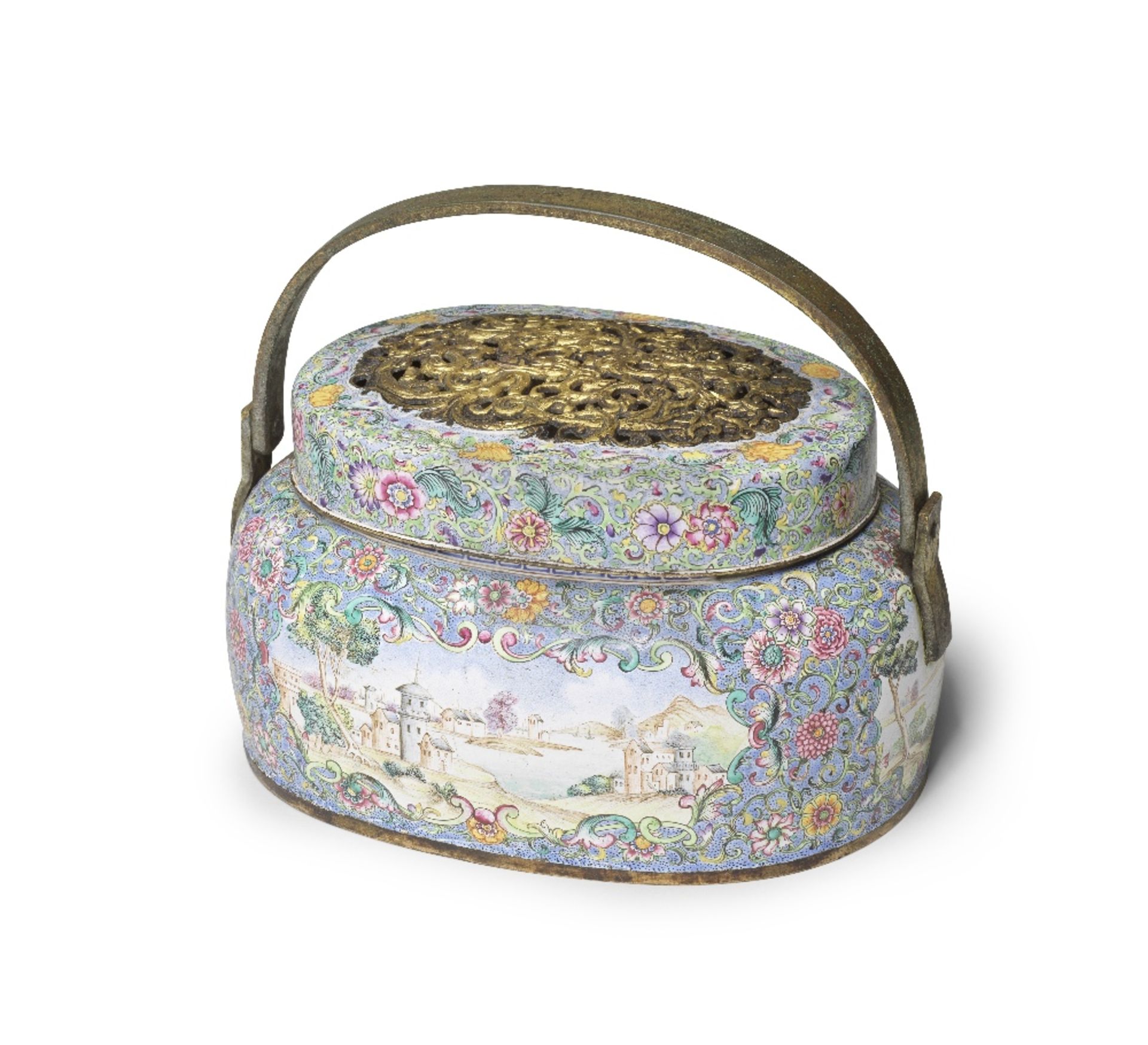A SUPERB PAINTED ENAMEL AND GILT-COPPER HANDWARMER AND COVER Qianlong (3)