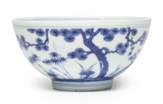 A BLUE AND WHITE 'THREE FRIENDS OF WINTER' BOWL Xuande six-character mark, 18th century