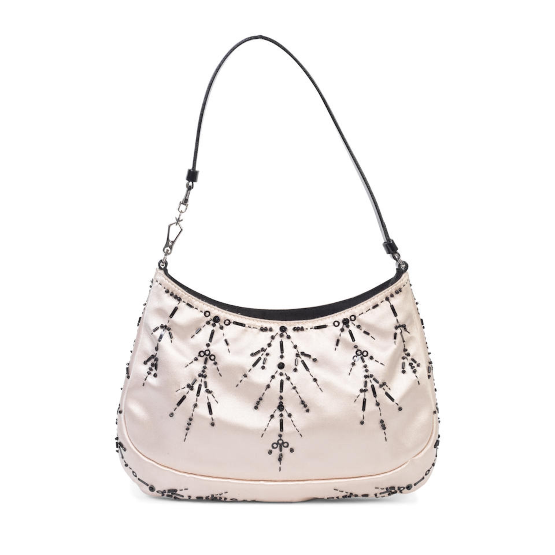 Prada: a Pale Pink Silk and Black Beaded Mini Bag 2000s (includes mirror in black silk bag and d...