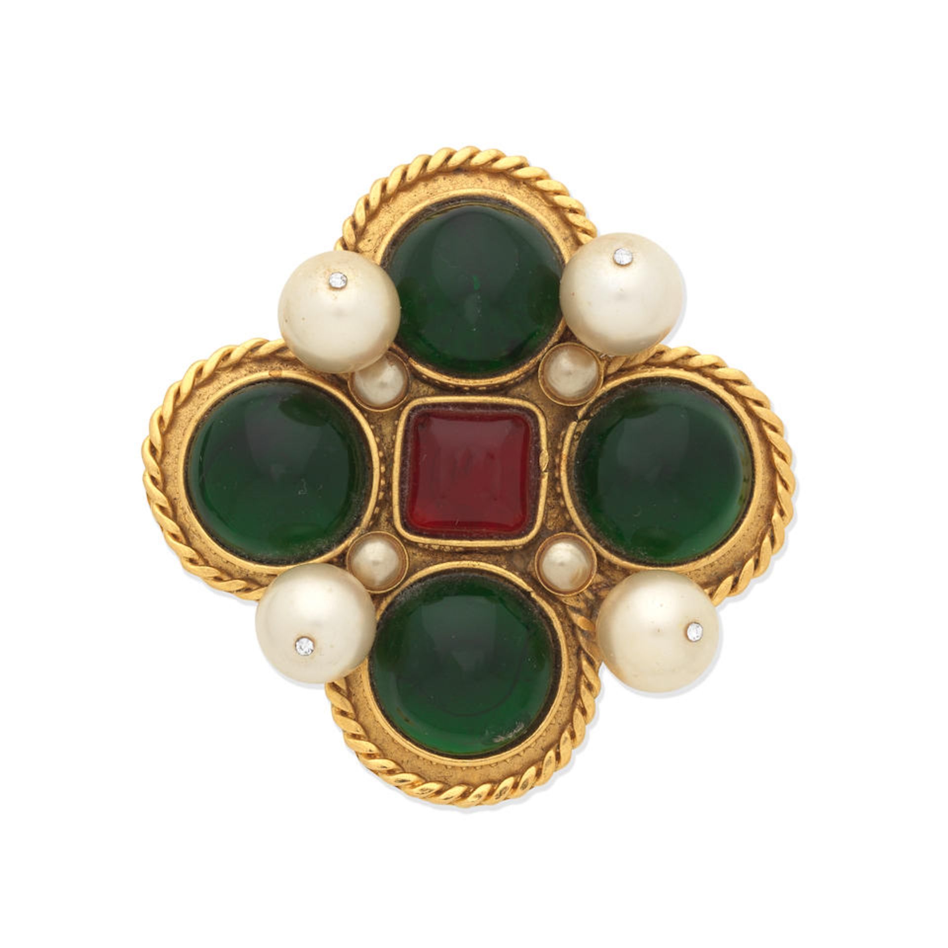 Victoire de Castellane for Chanel: a Green and Red Gripoix and Simulated Pearl Cruciform Brooch...