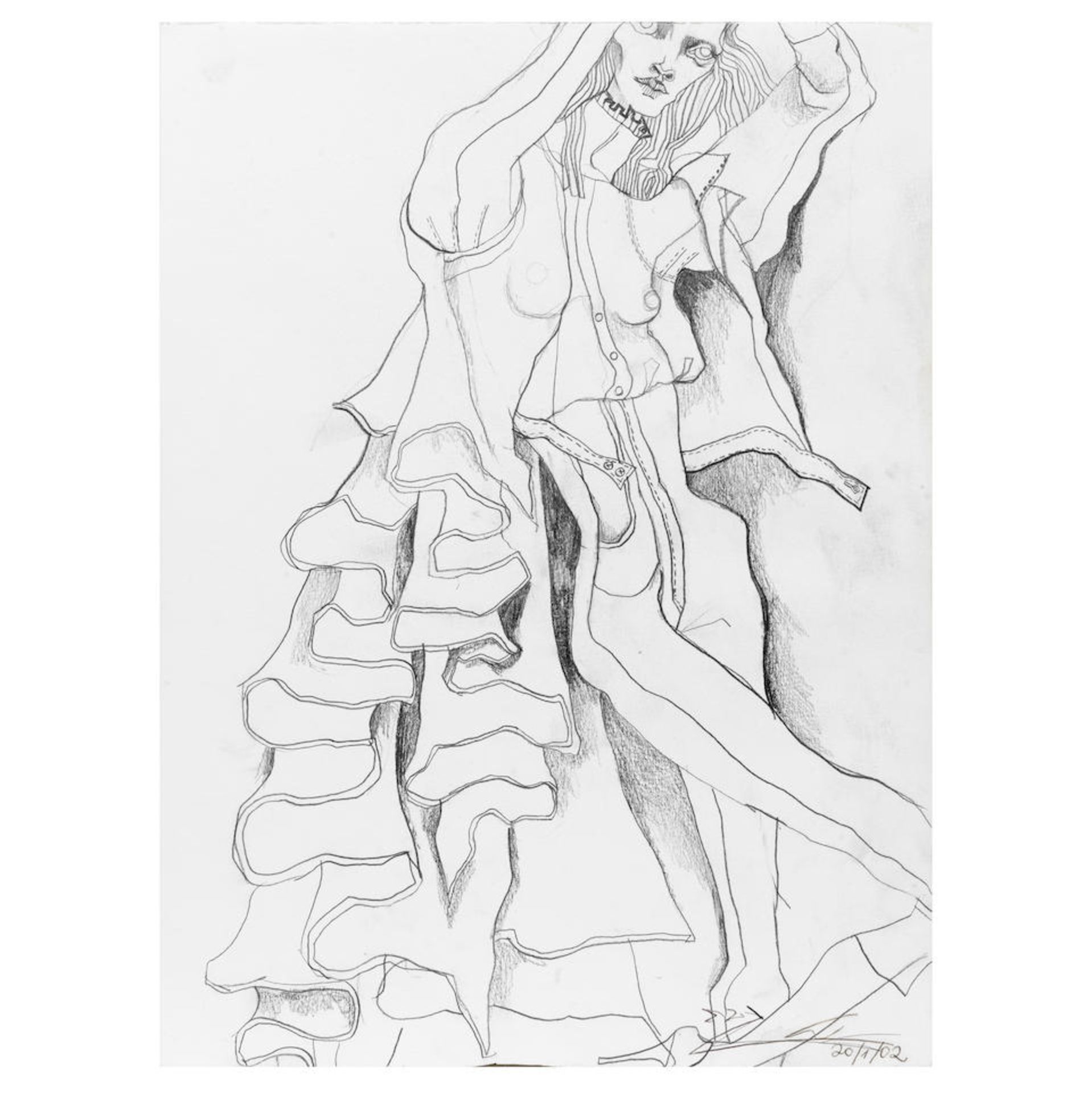 Attributed to John Galliano: a Pencil Drawing on Paper Dated 20/01/02