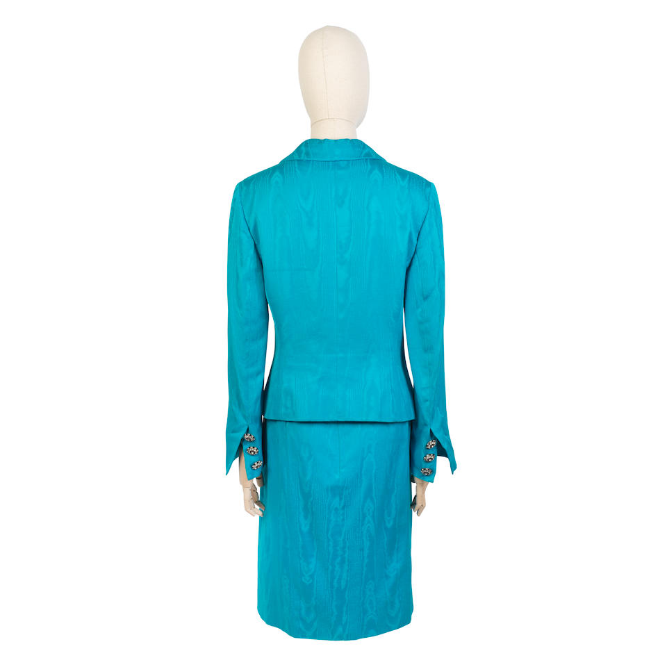 Christian Dior: a Turquoise Moiré Skirt Suit 1990s Demi Couture (includes spare button) - Image 2 of 2