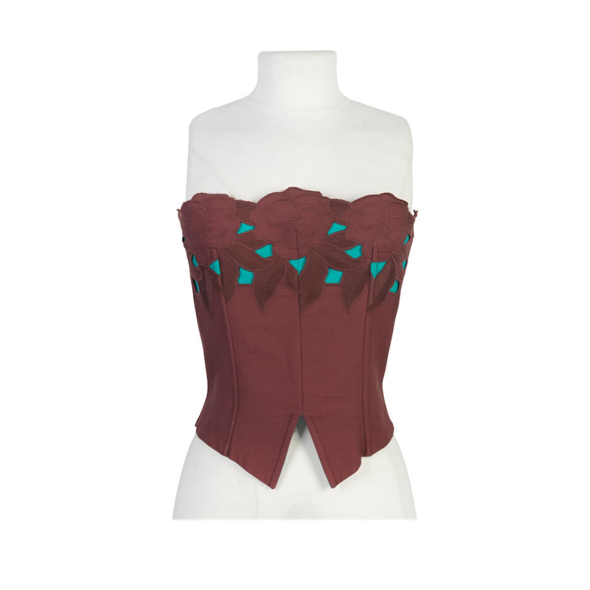 John Galliano for Christian Dior: a Burgundy and Turquoise Corset Top 1990s