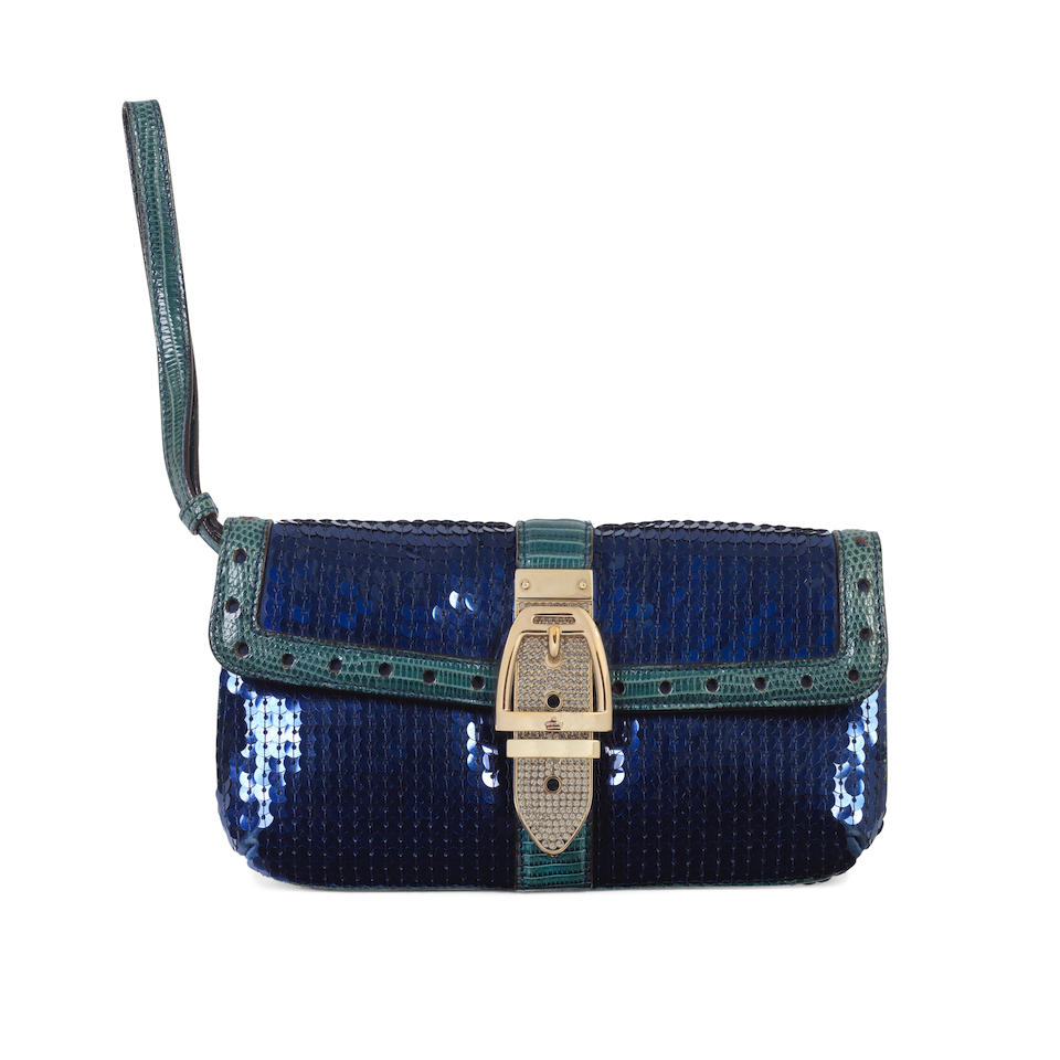 Gucci: a Blue Sequin and Lizard Skin Wristlet Bag 2000s (includes dust bag)