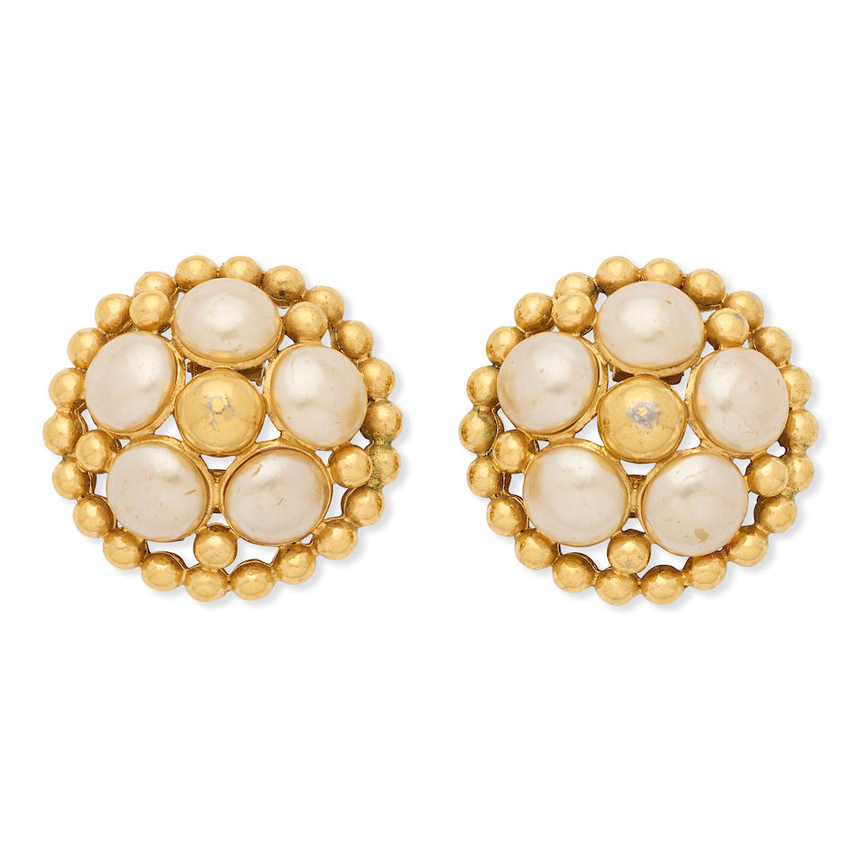 Victoire de Castellane for Chanel: a Pair of Simulated Pearl and Gold Earrings Collection 25, Sp...