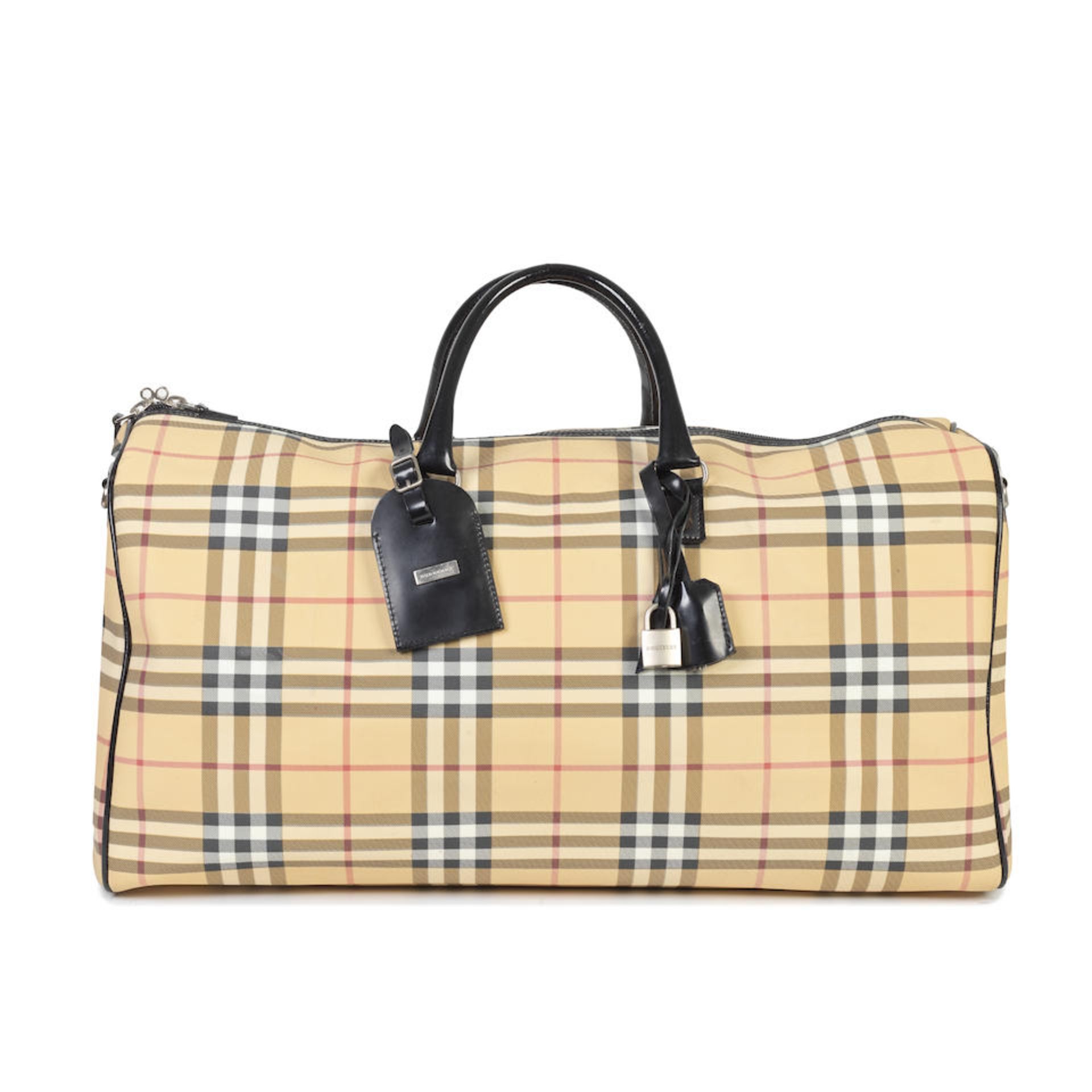 Burberry: a Beige House Check Holdall 2000s (includes padlock, keys and luggage tag)
