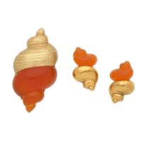 Robert Goossens for Christian Dior Parfums: an Orange and Gold Seashell Ear Clips and Brooch Set...