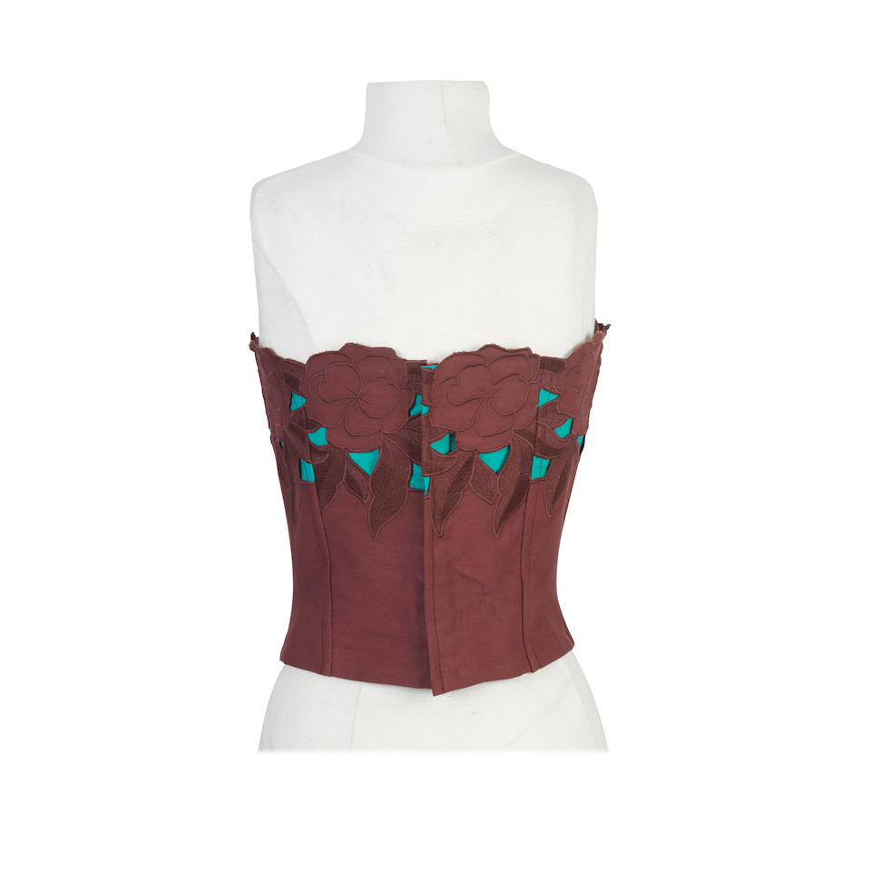 John Galliano for Christian Dior: a Burgundy and Turquoise Corset Top 1990s - Image 2 of 2