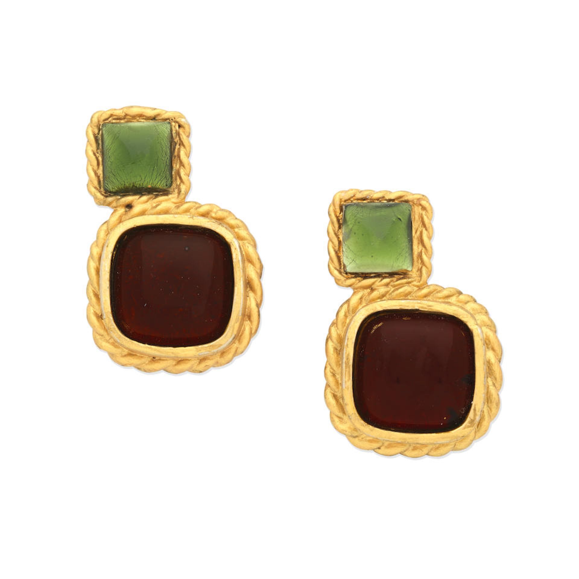 Victoire de Castellane for Chanel: a Matched Pair of Plum Red and Green Gripoix Clip Earrings Co...