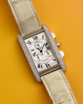 CARTIER. AN 18K WHITE GOLD AND DIAMOND QUARTZ CHRONOGRAPH WRISTWATCH Tank Américaine , Ref:...