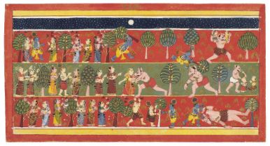 The death of the Giant Shankachura, from a dispersed Bhagavata Purana series Malwa, circa 1690-1700