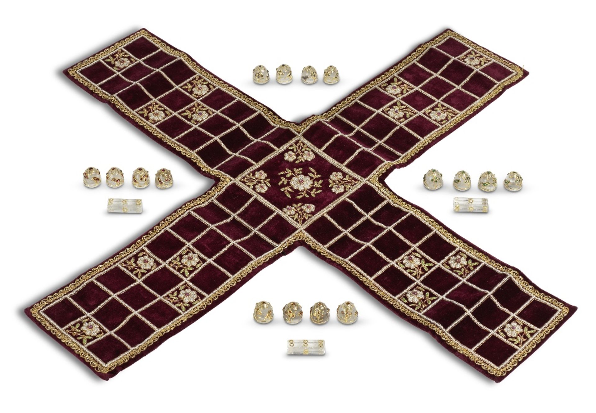 A gem-set rock crystal pachisi set with metal-thread and pearl-embroidered velvet board India, 1...