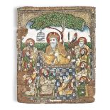 An unusual South Indian painting depicting the Sikh Gurus, seated under a tree, together with Ba...