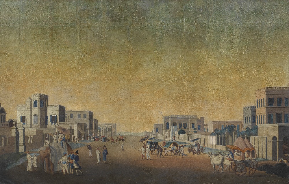 A large painting depicting Old Court House Street, Calcutta, after the print by Thomas Daniell C...